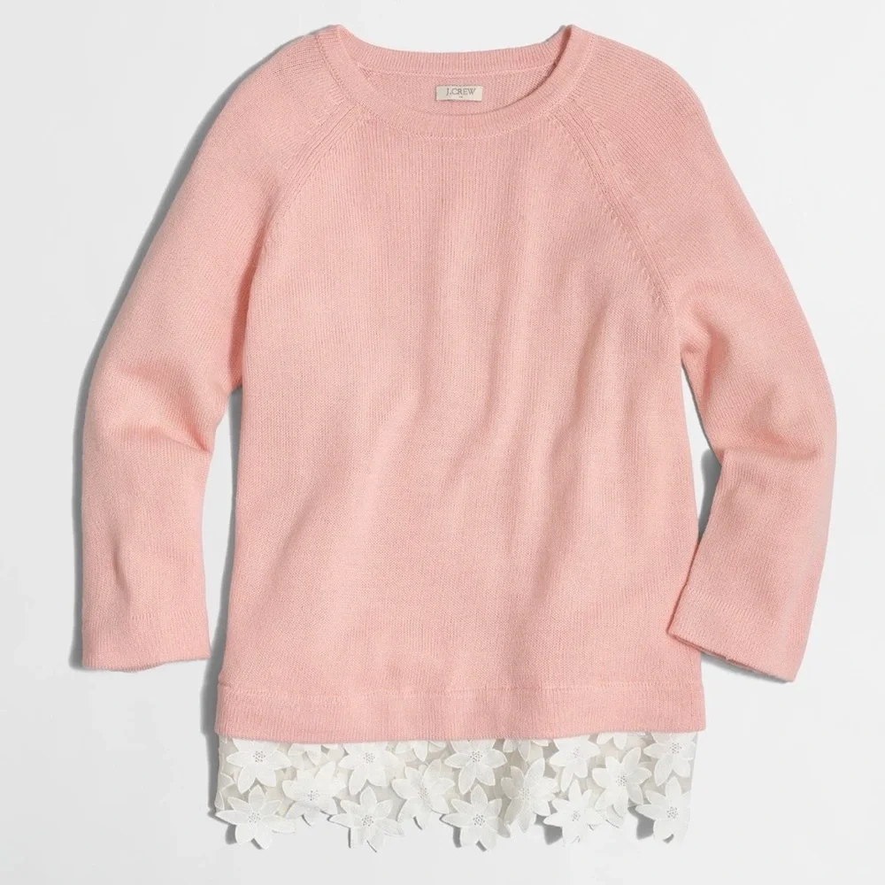J. Crew Women’s Lace Hem Merino Wool Blend Sweater in Pink Blush Size Small NWOT